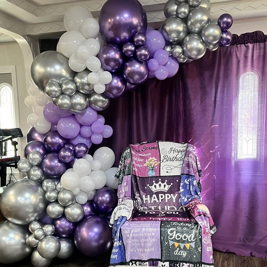 Purple, silver and white balloon garland