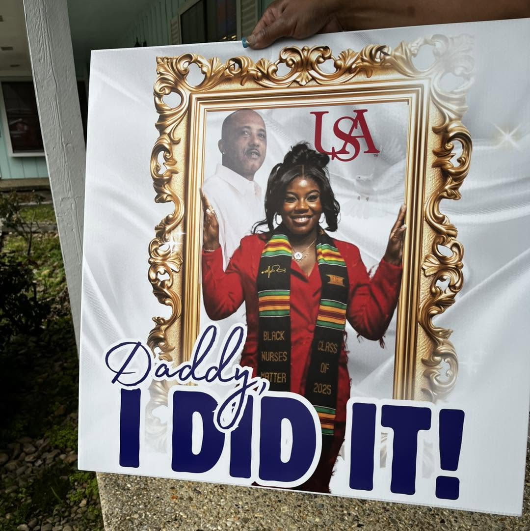 Custom printed graduation photo sign with gold frame artwork