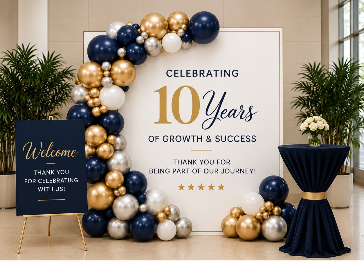 Anniversary backdrop with navy and gold balloon garland and styled cocktail table