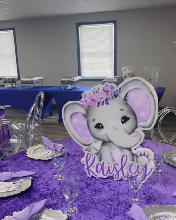Custom elephant name centerpiece prop for a purple themed party