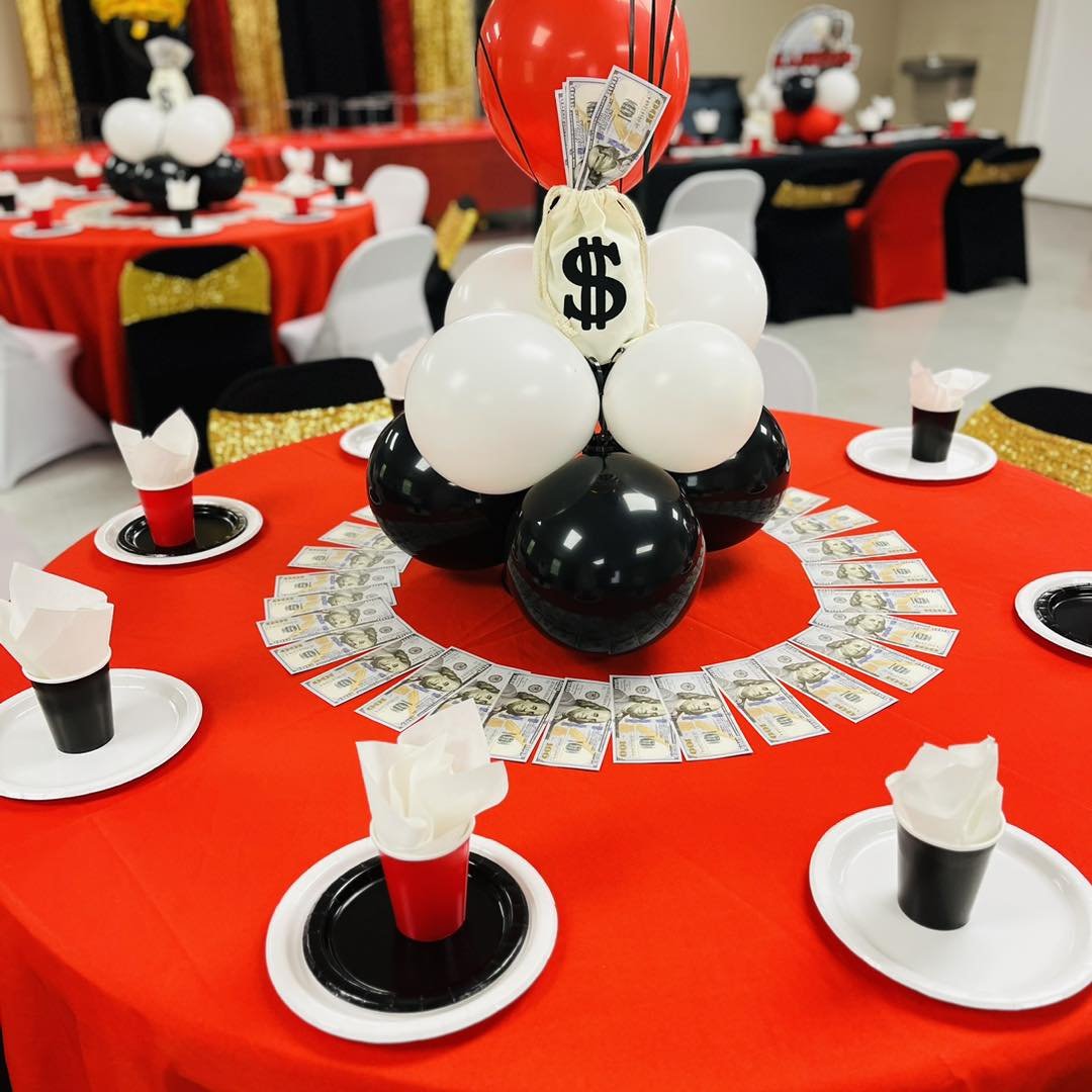 Casino-themed corporate party with money-bag centerpieces