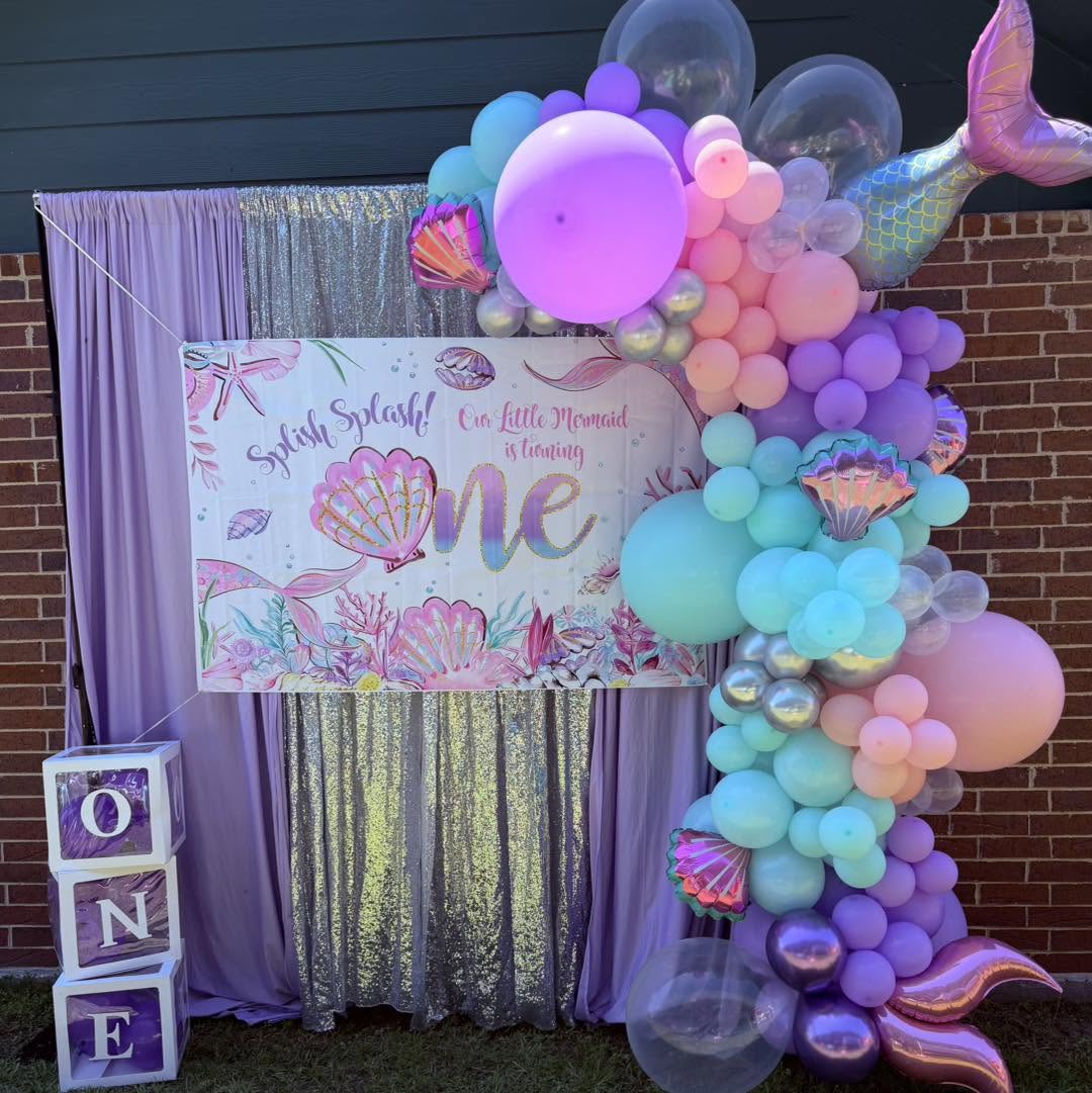 Mermaid themed first birthday balloon backdrop