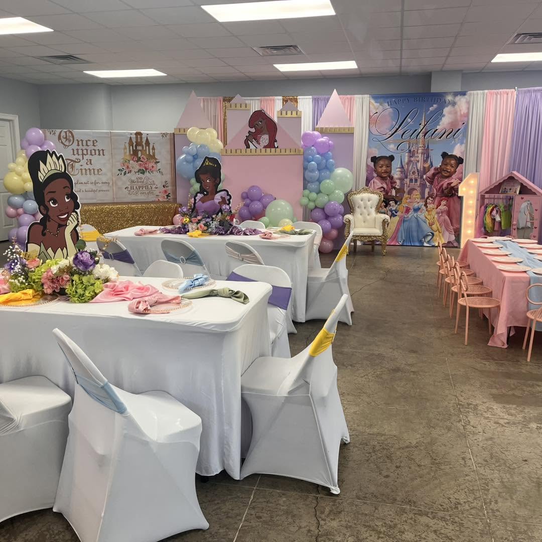 Princess-themed children's party with castle backdrops and balloon clusters