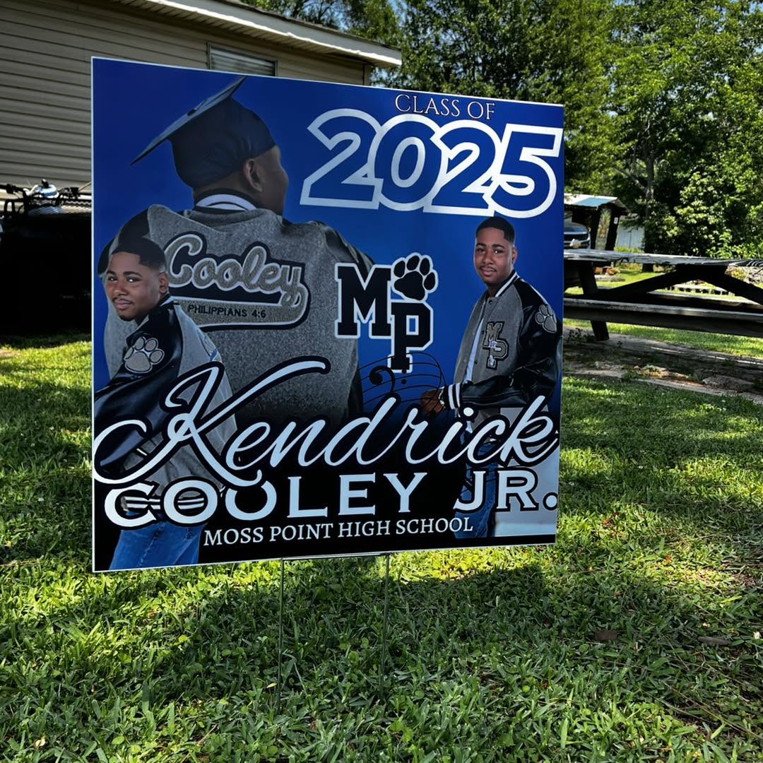Class of 2025 graduation yard sign with photos and school mascot