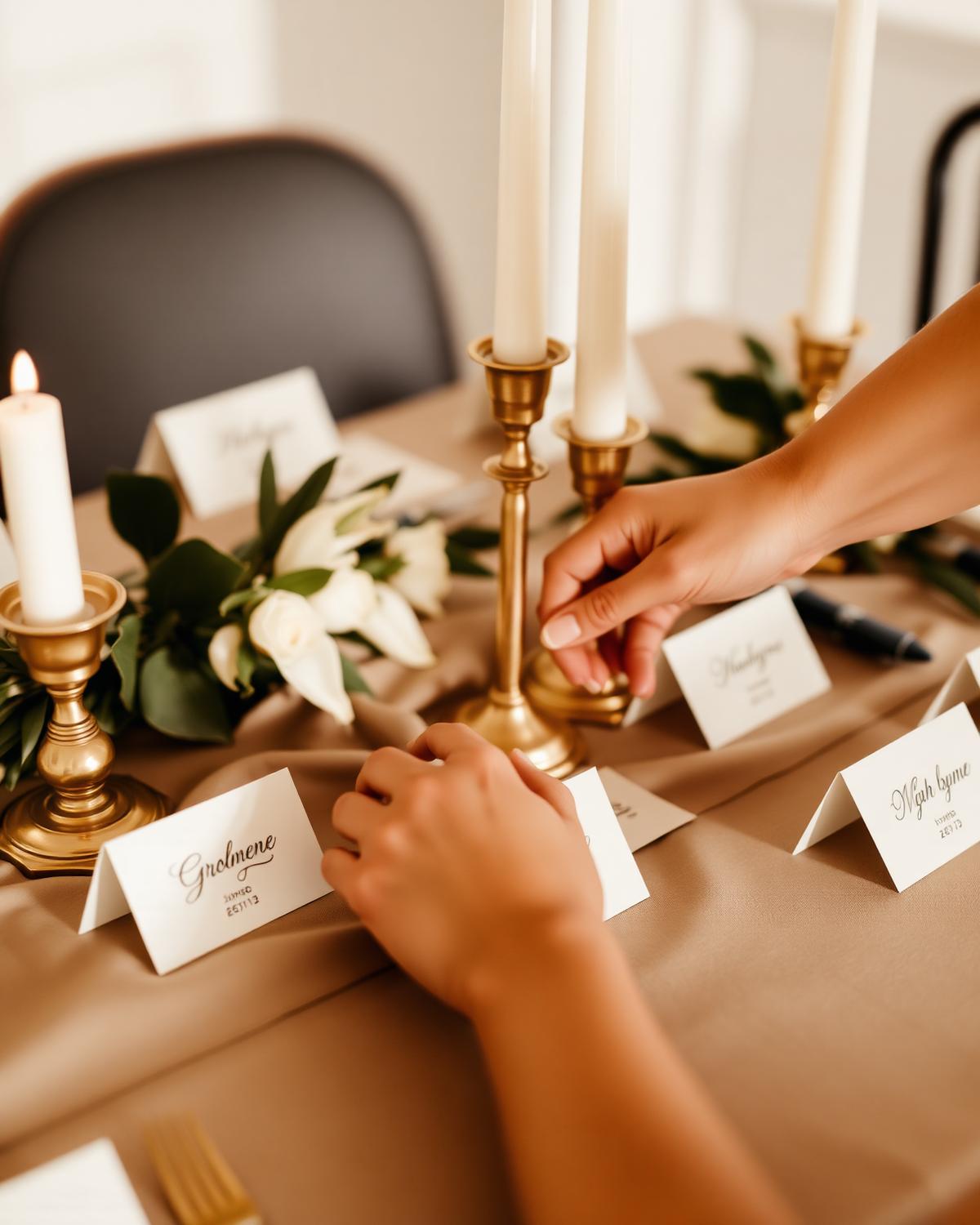 Hands styling a taupe tablescape with gold candle holders and printed place cards