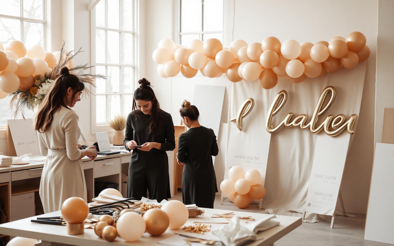 The Party Box & Co. team assembling balloon garlands and signage in the workshop